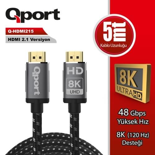 Kablo Qport Q-Hdmi215 5Mt Altın Uçlu Örgülü 2.1V/8K/Altın Uçlu