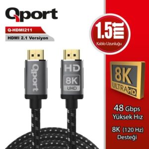 Kablo Qport Q-Hdmi211 Altin Uç Örgülü Hdmi 2.1V 1.5Mt KKTC