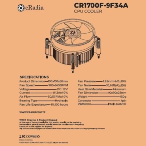 Cradia Cr-1700F-9F34A Lga 1700 Kit Destekli, 100X100X25Mm