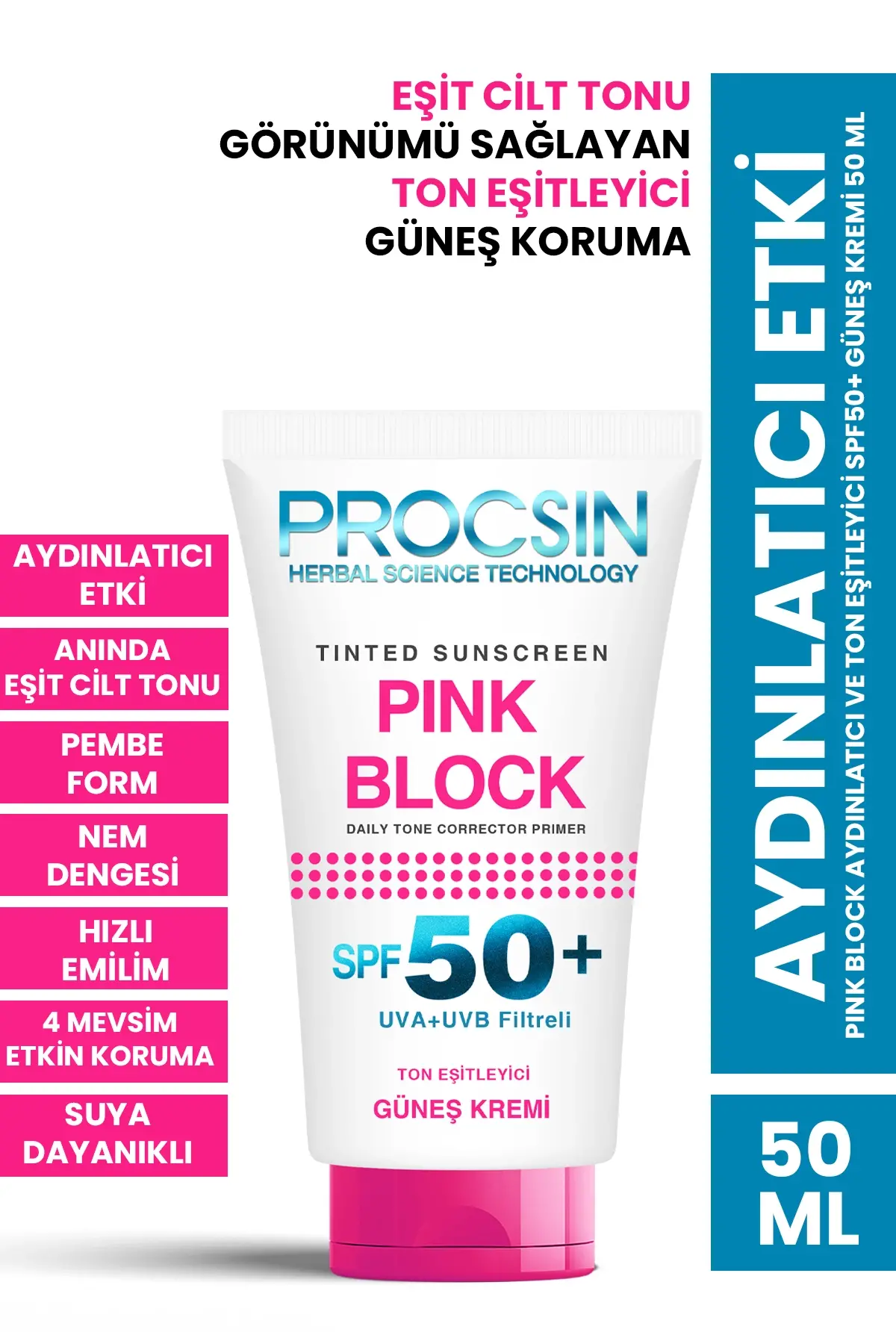 PROCSIN Pembe Blok Renkli SPF50+ Güneş Kremi 50 ML