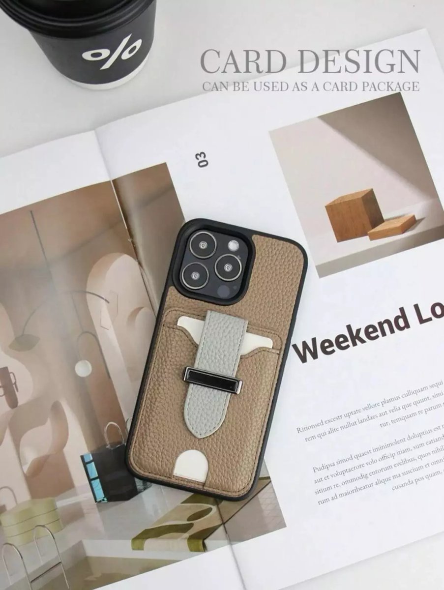 St03756_1 Kahve-Bej Kartlıklı Deri Tasarım Iphone 15 Promax Kılıf - Görsel 1