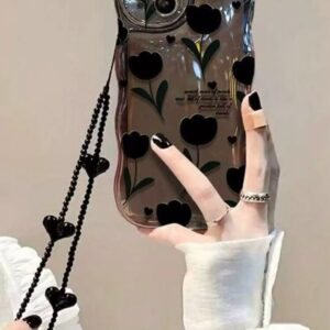 Şeffaf Siyah Çiçek Tasarım Zincirli İphone 15 Kılıf - Diğer