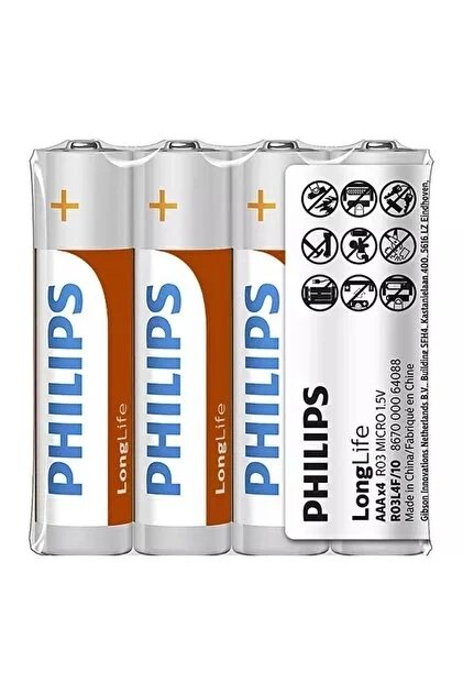 Philips R03L4F/10 Longlife Çinko Aaa 4Lü Pil Kktc Philips R03L4F/10 Longlife Çinko Aaa 4Lü Pil Kktc