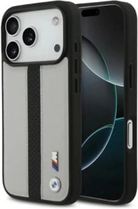 Bmw Pu Deri Kılıf (delikli Şeritli Ve Metal Logolu) iPhone 17 Pro Max - Gri/siyah Bmohmp17x25pcpsgk