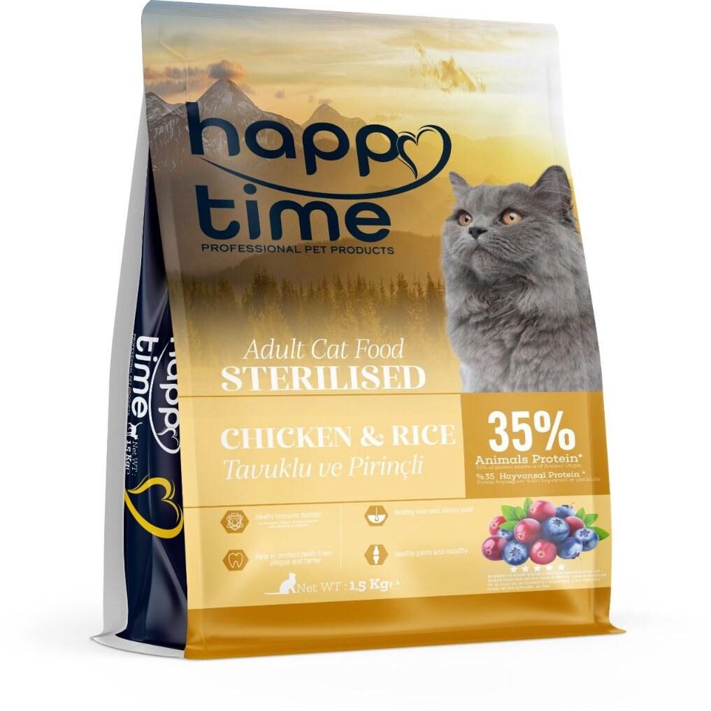 -Happy Ti̇me Sterlised Adult Cat Chicken 1.5Kg Kedi Kuru Maması-kktc