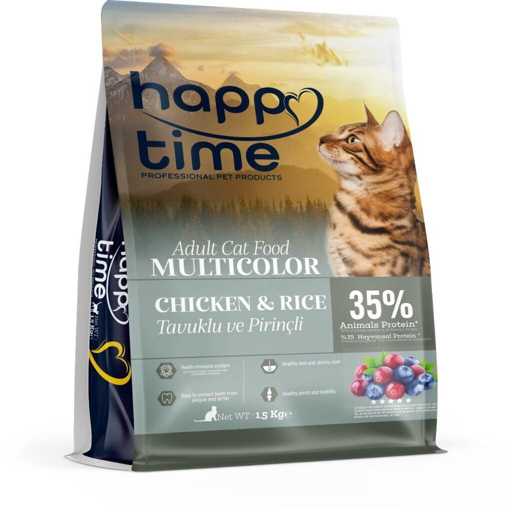 -Happy Ti̇me Multicolor Adult Cat Chicken 1.5Kg Kedi Kuru Maması-kktc
