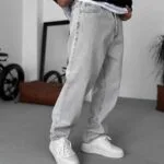 Baggy Fit Ip Kemerli Gri Kot Pantolon