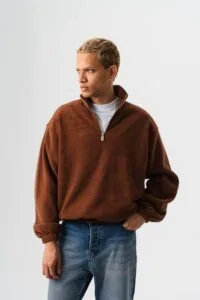 Yarim Fermuar Peluş Kumaş Kahverengi Sweatshirt