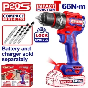 Emtop Akülü Matkap Darbeli BL 13MM/66Nm 20V (Sadece Alet)