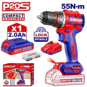 Emtop Akülü Matkap Kömürsüz Darbesiz 20V/55Nm (2Ah Akü+Şarjer)
