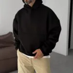 Basic Siyah Içi Polar Hoodie