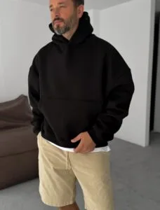 Basic Siyah Içi Polar Hoodie