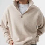 Yarim Fermuar Peluş Kumaş Krem Sweatshirt