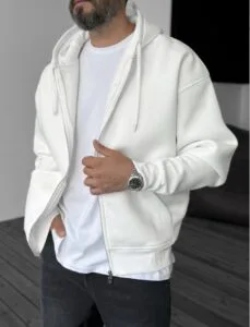 Basic Beyaz Fermuarli Hoodie