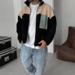 Peluş Dik Yaka Biyeli Cepli Siyah Ceket