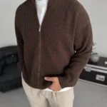 Basic Fermuarli Kahverengi Triko Ceket