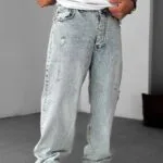 Baggy Fit Buz Mavi Yirtikli Kot Pantolon