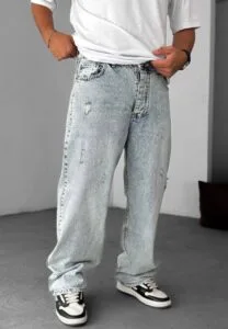 Baggy Fit Buz Mavi Yirtikli Kot Pantolon