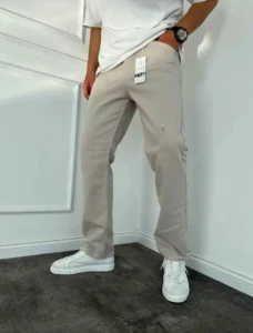 Baggy Yirtikli Krem Kot Pantolon