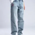 Baggy Fit Yazi Nakişli Buz Mavi Kot Pantolon