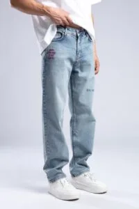 Baggy Fit Yazi Nakişli Buz Mavi Kot Pantolon