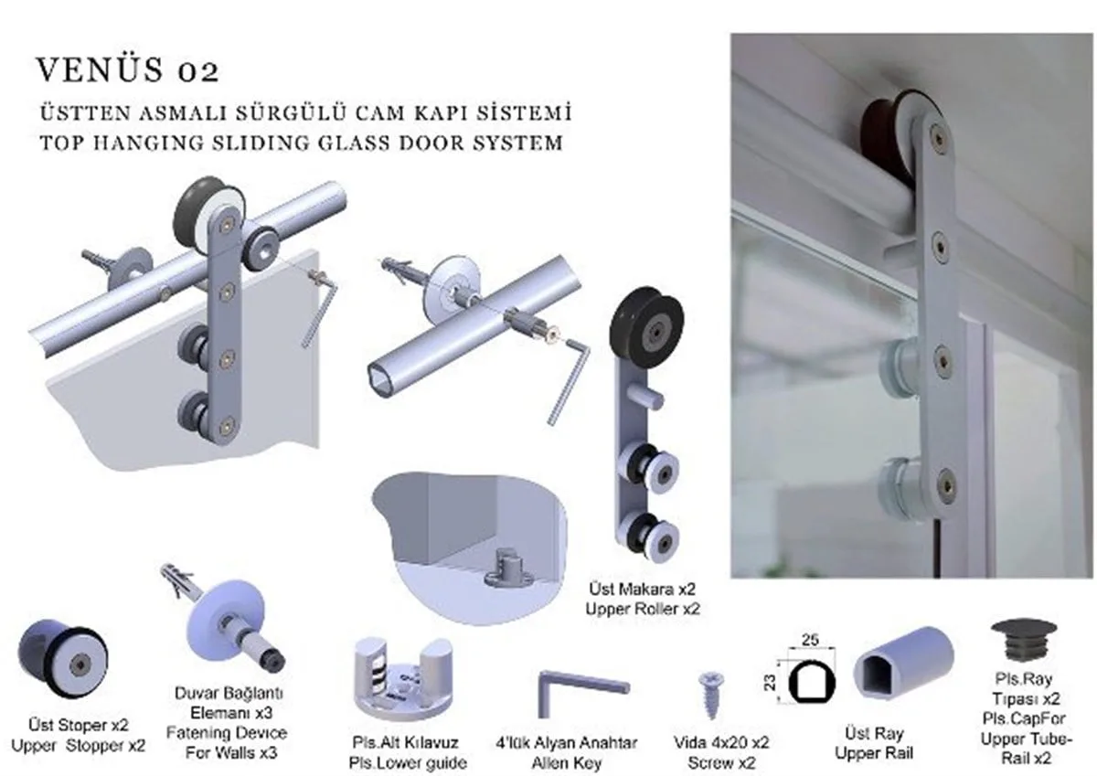 Mepa Sürme Kapı Rayı Üstten Asmalı Cam Kapı İçin 1.67 Metre