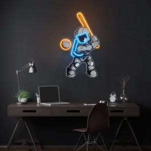 Beyzbol Oynayan Astronot Baskılı - Neon Tabela