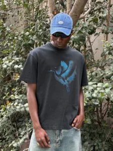 Kuş Baski Yikamali Siyah Tshirt